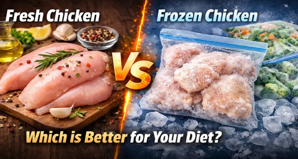 Fresh chicken vs frozen chicken comparison showing raw fresh chicken with herbs and frozen chicken in ice for quality and nutrition analysis