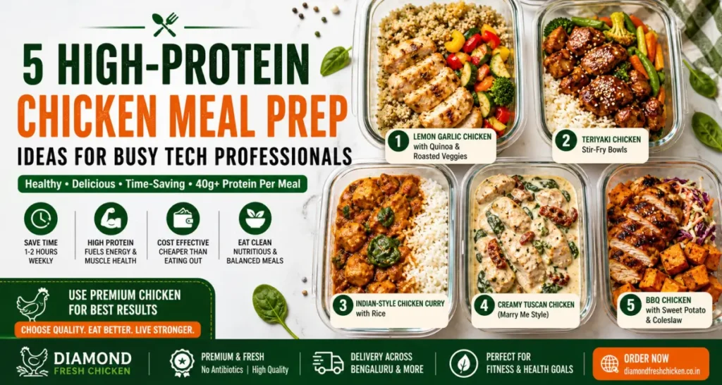 5 High Protein Chicken Meal Prep Ideas for Busy Tech Professionals featuring Lemon Garlic Chicken, Teriyaki Chicken, Indian Style Curry, Creamy Tuscan Chicken and BBQ Chicken meal prep containers