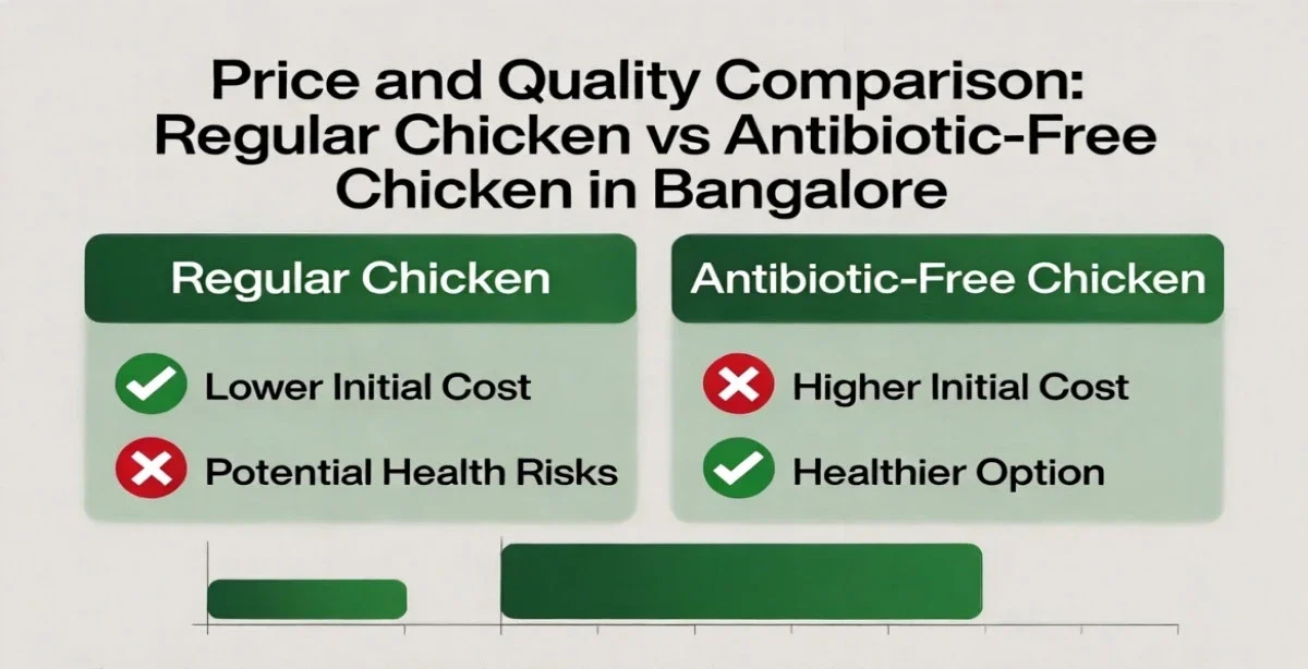 Price and quality comparison of antibiotic free chicken vs regular chicken in Bangalore - health benefits and cost difference for kids