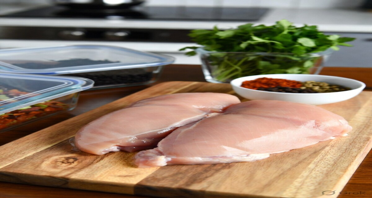 Fresh raw chicken breast on wooden cutting board with herbs and spices for high protein chicken meal prep recipes