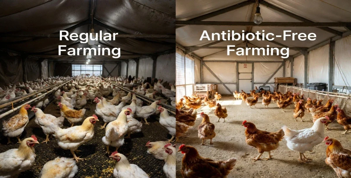 Side by side comparison of regular intensive chicken farming vs antibiotic free chicken farming in India - crowded vs spacious farm conditions