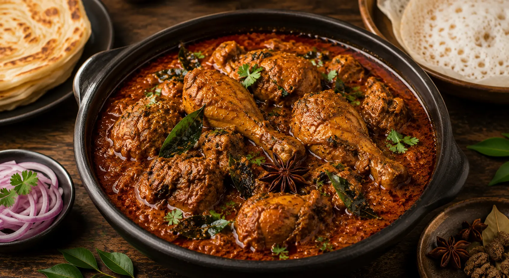Rich Chettinad chicken curry prepared with kalpasi, star anise, curry leaves, and slow-cooked bone-in chicken