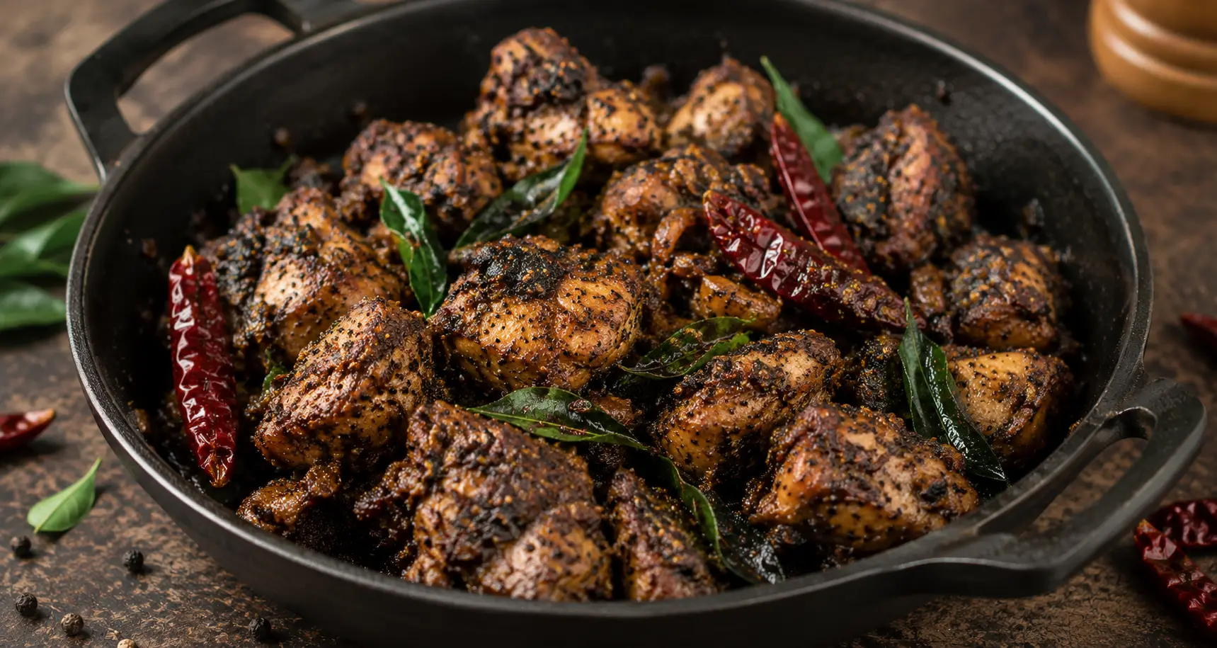 Authentic Bangalore style chicken pepper fry with freshly crushed black pepper, curry leaves, and charred bone-in chicken