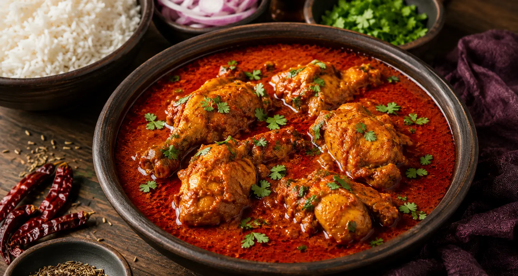 Bangalorean spicy chicken curry made with Byadagi chillies, fresh coconut, and bone-in chicken served with steamed rice