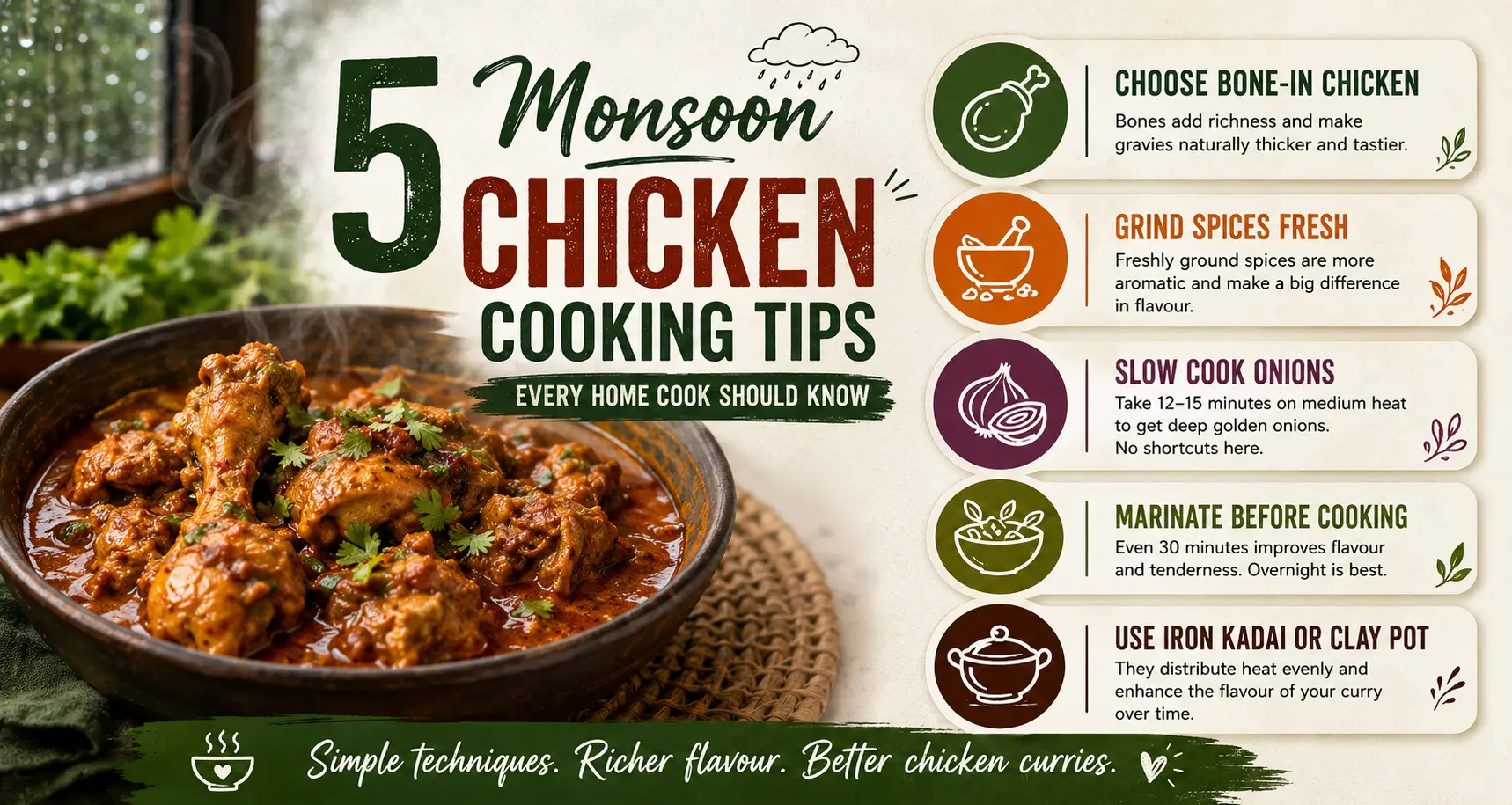 Infographic showing expert monsoon chicken cooking techniques including fresh spice grinding, proper marination, slow onion cooking, bone-in chicken selection, and traditional cookware for flavourful curries.