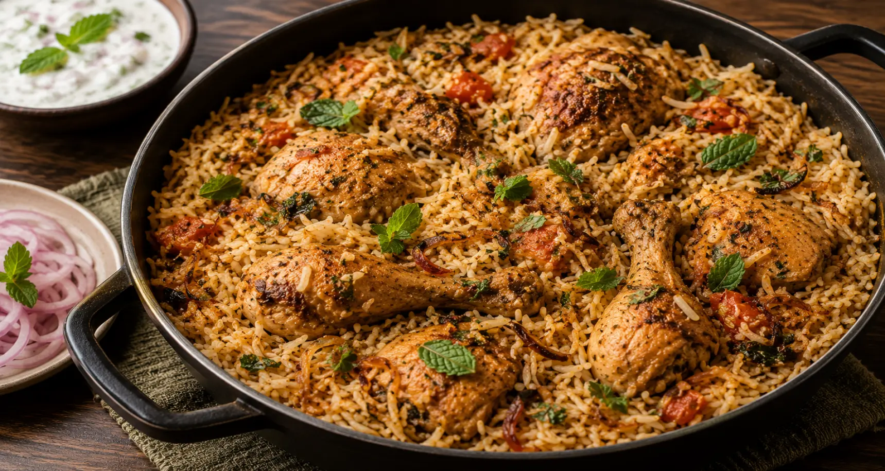 One-pot chicken rice cooked with basmati, bone-in chicken, mint leaves, caramelized onions, and aromatic Indian spices