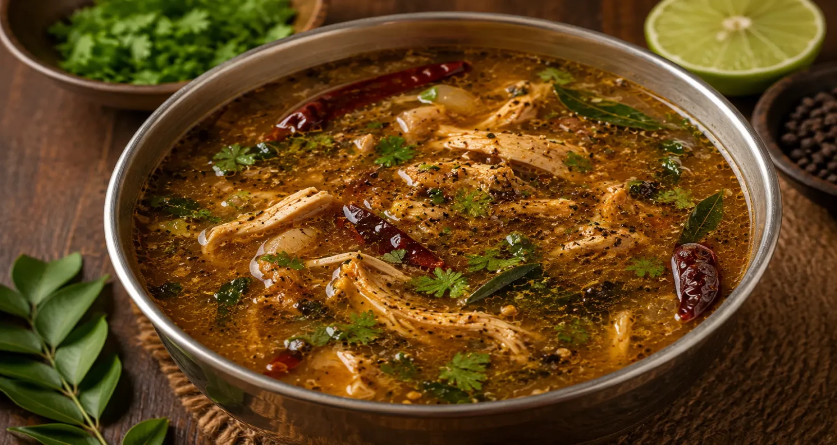 Steaming bowl of South Indian chicken rasam with shredded chicken, black pepper, curry leaves, tamarind, and fresh coriander