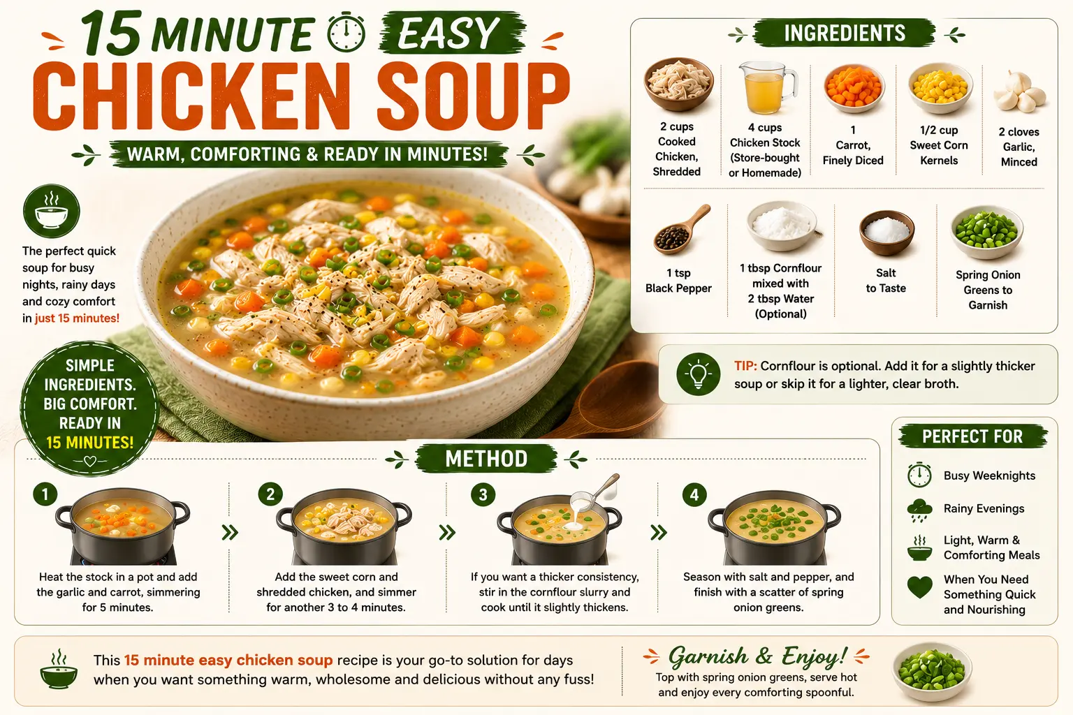 7 Chicken Soup Recipes for Cold Weather Nights in Bangalore 15 minute easy chicken soup recipe infographic featuring shredded chicken, chicken stock, sweet corn, carrots, garlic, step-by-step cooking instructions, and a quick homemade chicken soup.
