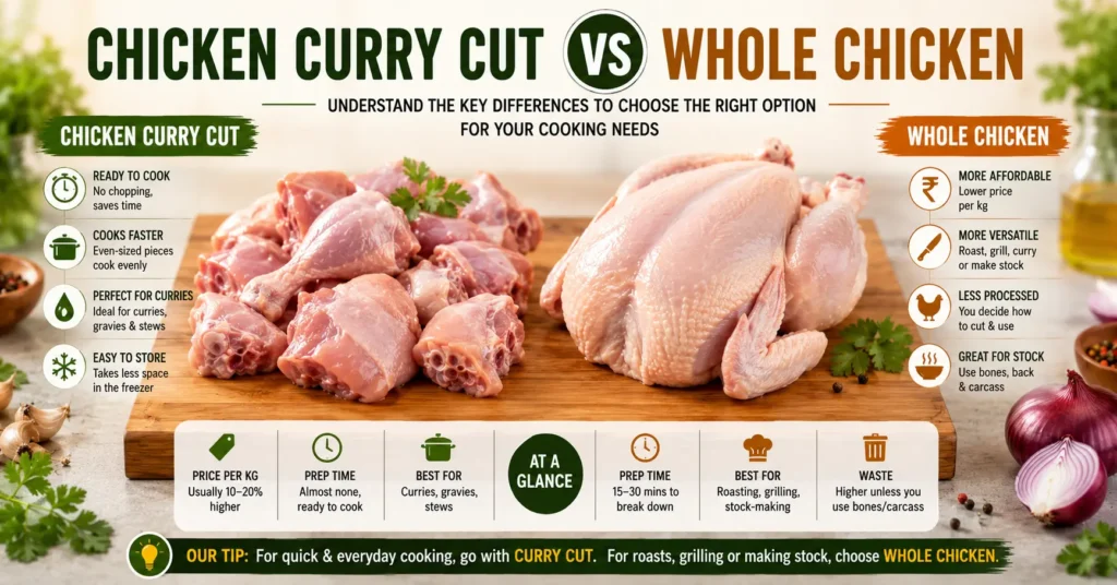 Chicken curry cut vs whole chicken comparison on a wooden cutting board showing curry cut pieces and a whole fresh chicken