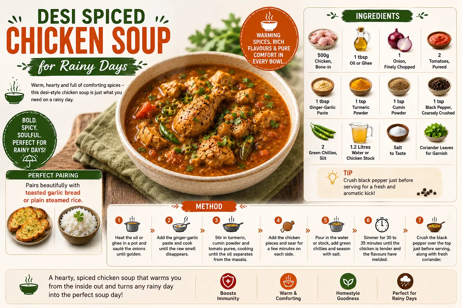 7 Chicken Soup Recipes for Cold Weather Nights in Bangalore Desi spiced chicken soup recipe infographic with ingredients, step-by-step cooking method, serving suggestions, and warm Indian-style soup for rainy days.