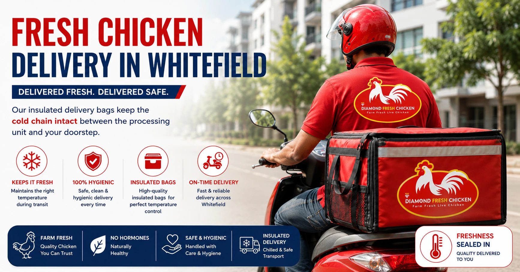 Delivery rider carrying insulated bag for Fresh Chicken Delivery in Whitefield
