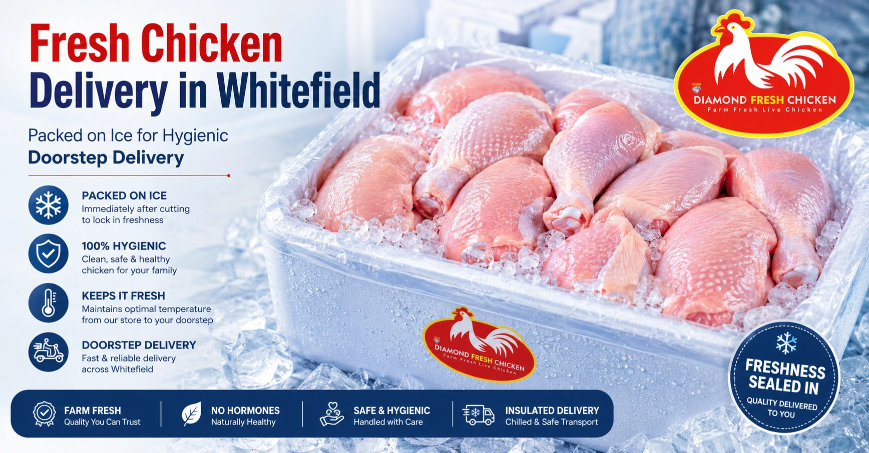 Fresh Chicken Delivery in Whitefield packed on ice for hygienic doorstep delivery