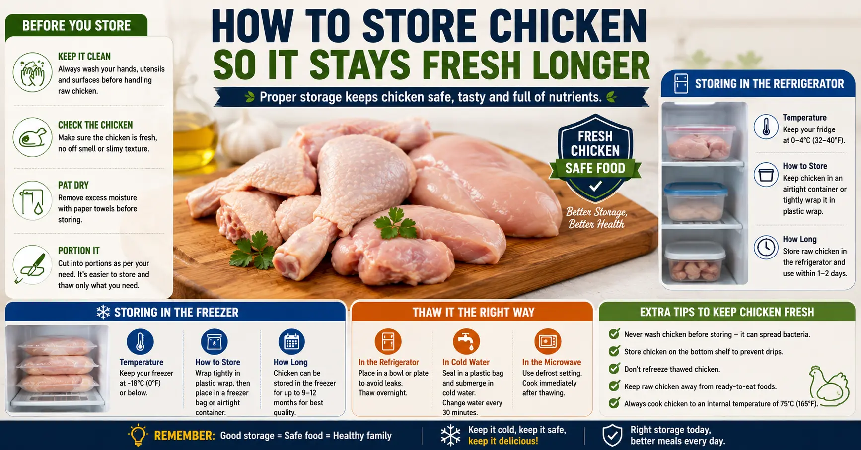 How to Store Chicken So It Stays Fresh Longer with proper refrigeration, freezer storage, and safe thawing tips