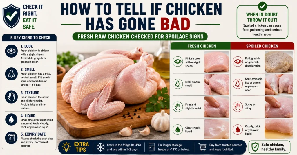 How to tell if chicken has gone bad by checking fresh raw chicken for spoilage signs including color, smell, texture, and expiration date
