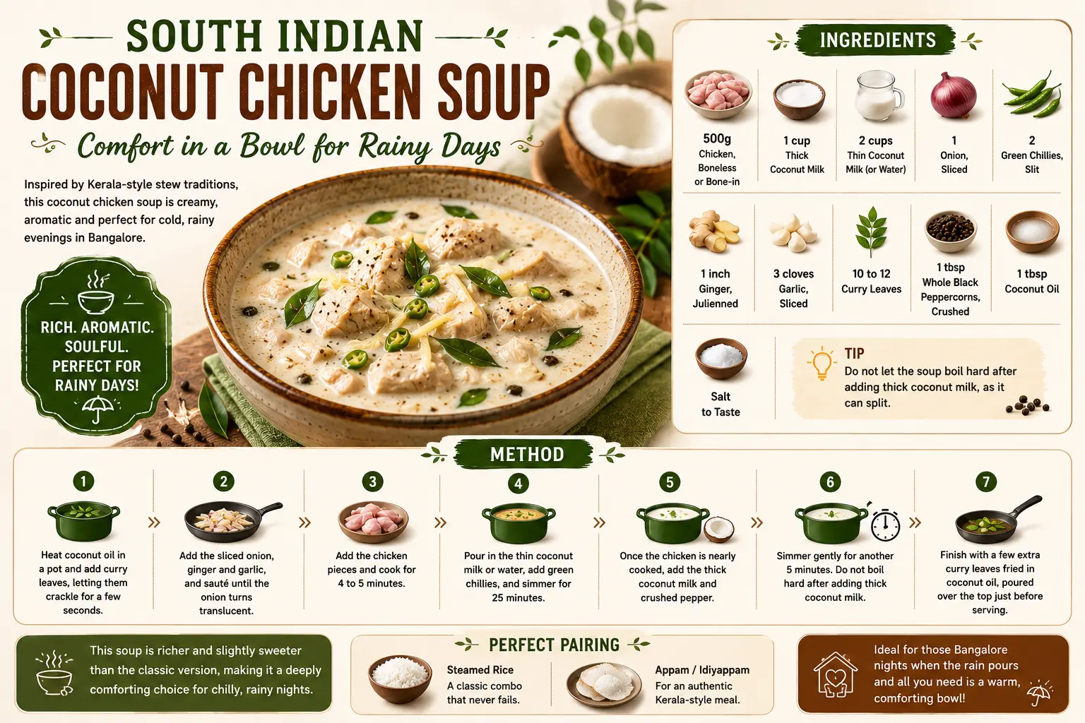 7 Chicken Soup Recipes for Cold Weather Nights in Bangalore South Indian coconut chicken soup recipe infographic featuring Kerala-style chicken soup with coconut milk, curry leaves, ingredients, step-by-step cooking method, and serving suggestions.