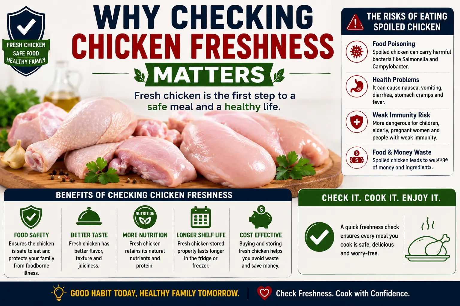 Why Checking Chicken Freshness Matters infographic showing the importance of identifying fresh chicken for food safety and preventing food poisoning