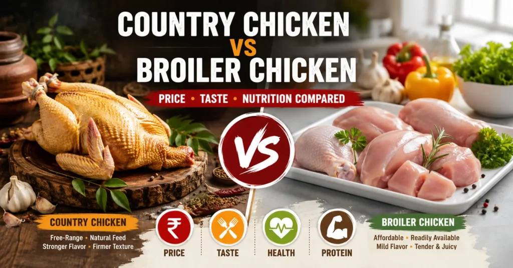 Country chicken vs broiler chicken comparison showing price, taste, nutrition, and health differences in Bangalore