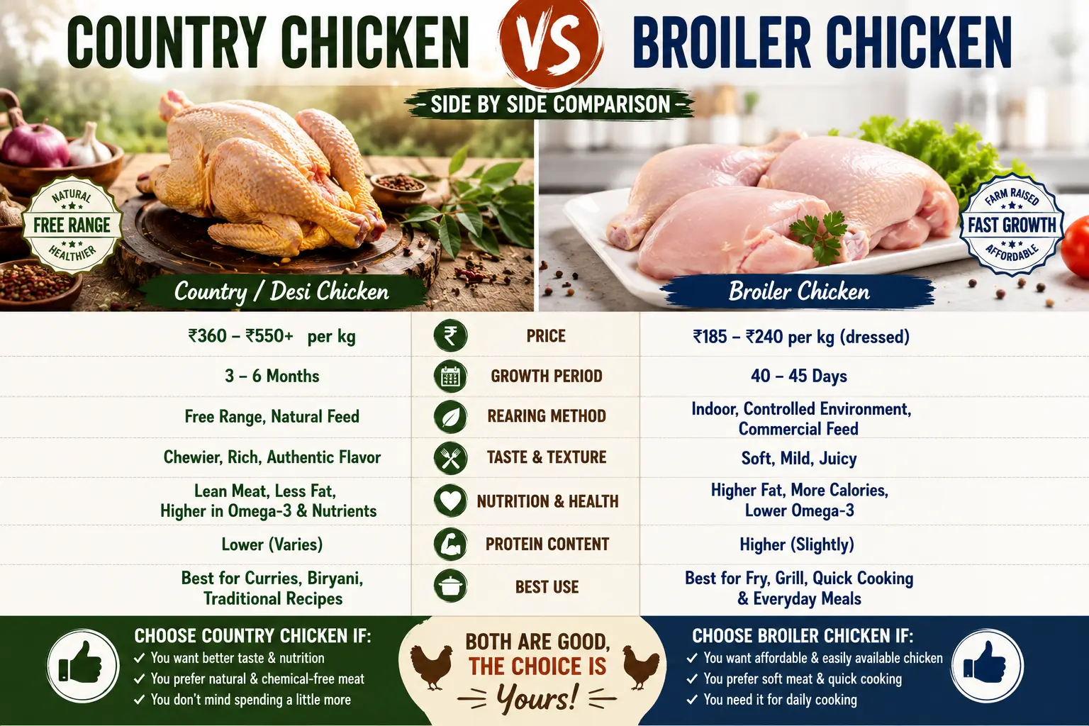 Country chicken vs broiler chicken side by side comparison showing differences in price, taste, nutrition, growth period, and best uses
