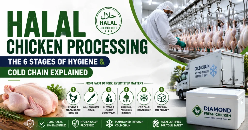 Halal chicken processing showing the 6 stages of hygiene, cold chain management, halal slaughter, hygienic processing, and safe chicken delivery.