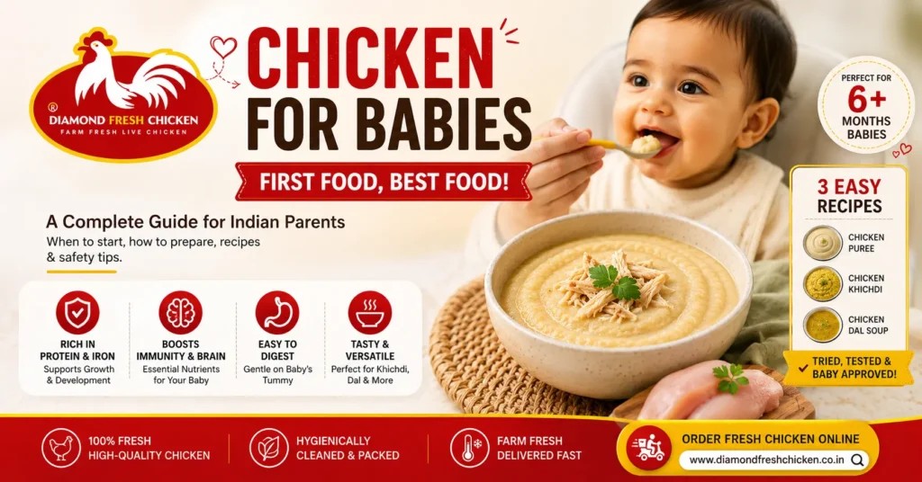 Chicken for babies first food guide showing healthy chicken puree recipe for babies 6 months and above by Diamond Fresh Chicken