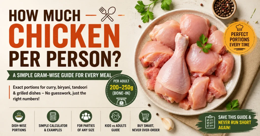 How much chicken per person gram-wise guide showing recommended chicken portions for curry, biryani, grilled chicken, and parties