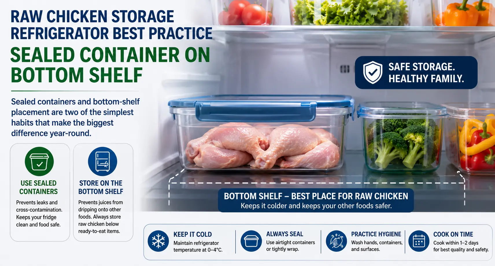 Raw chicken storage refrigerator best practice using a sealed container on the bottom shelf